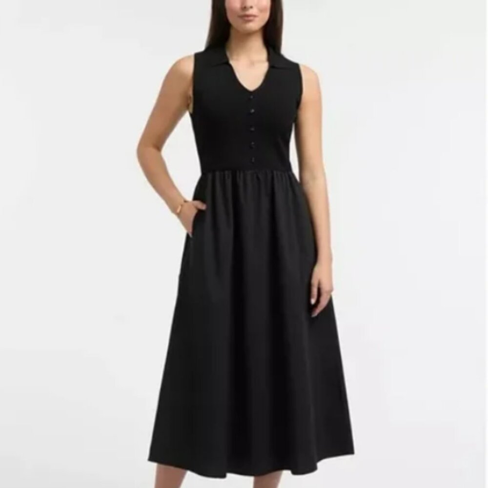NWT Ellen Tracy Black Sleeveless Classic Collar Polo Twofer Maxi Black Dress
